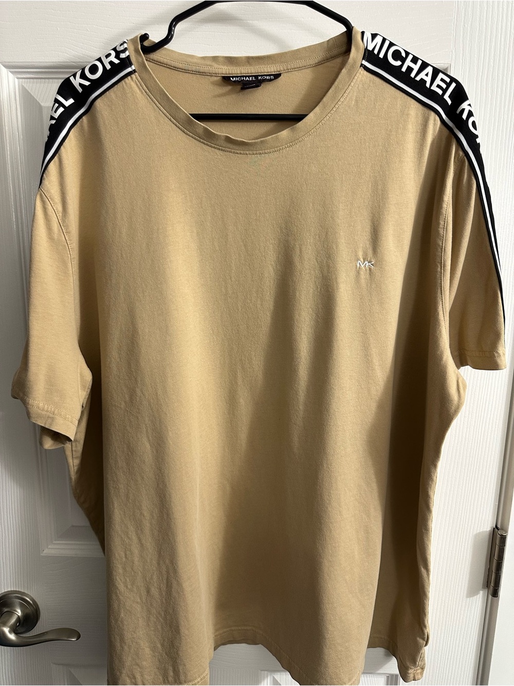 Michael Kors Men’s Tan Crewneck T-Shirt with Black Logo Shoulder Tape